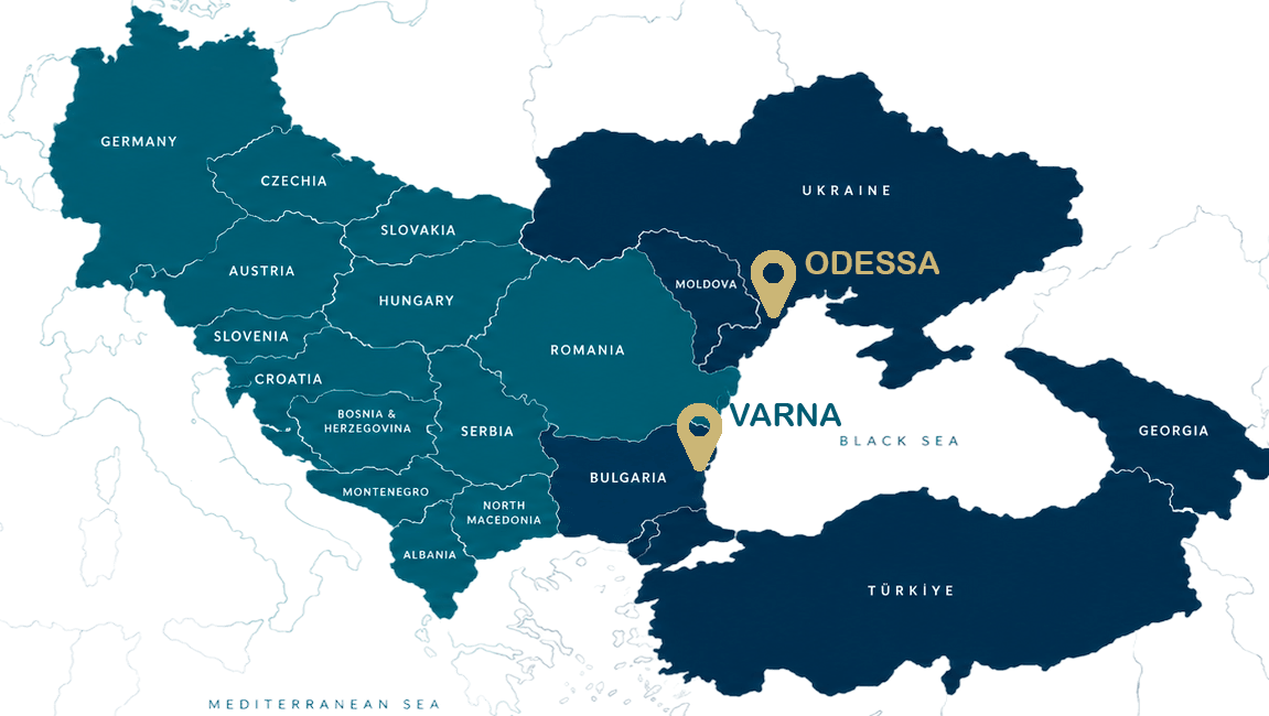 Map of the Danube basin and the Black Sea region with the institute offices in Odesa and Varna